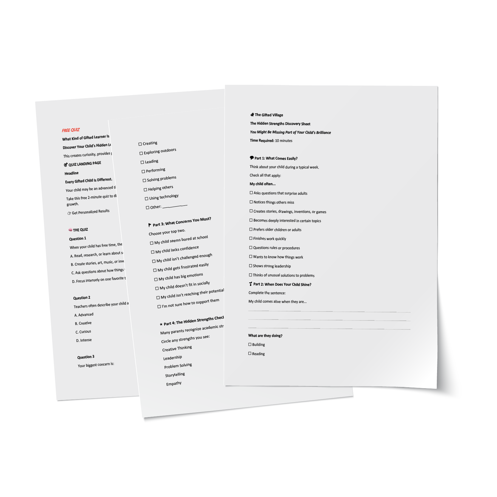 Preview of the free gifted learner quiz and Hidden Strengths Discovery Sheet